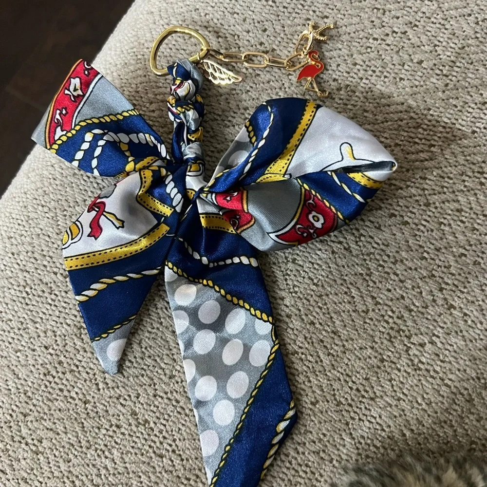 Nautical Polka Dot Bow Keychain Purse Charm with Charms star and flamingo